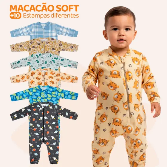 Kit com 5 ou 2  Macacões de Bebe Menino Roupa Inverno Soft Peluciado Com Zíper Sortido Macacão de Bebê Peluciado