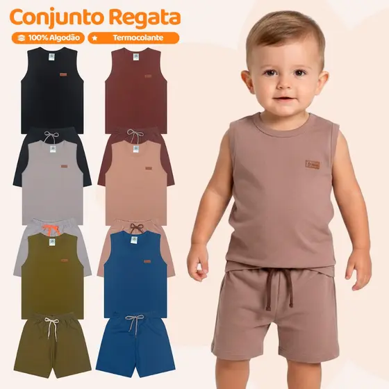 Kit 3 ou 2 Conjuntos Minimalista Regatas Bebê Menino Neném Baby Básica Lisa Camiseta Masculino Verão Roupa em Algodão