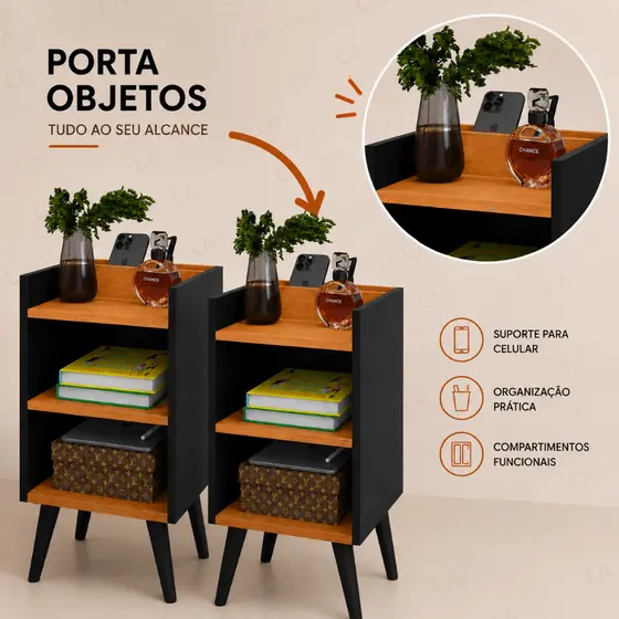 Mesas de Cabeceira Max Moderna com Nicho Suporte de Celular Compacta Organizador para Quarto