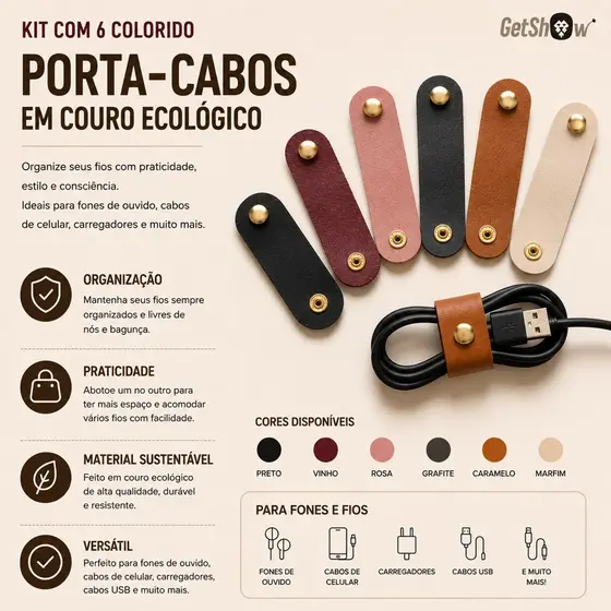 6 Presilha Para Cabos Em Couro Sintético Organizador De Fios E Cabo GetShow