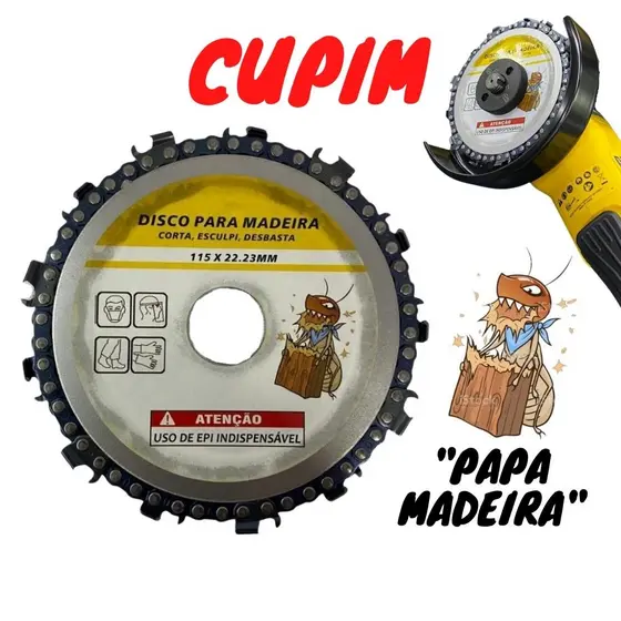Disco Corrente Motosserra para Esmerilhadeira Cortar Esculpir Madeira 4.1/2" x 22.23mm - Soldaforte