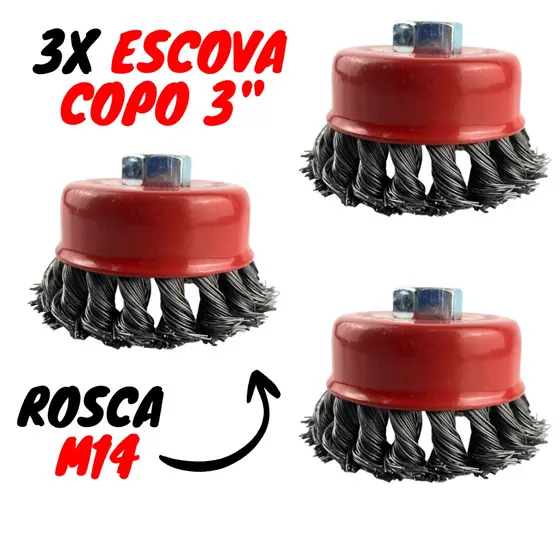 Kit 3 Escova De Aço Copo 3'' Trançada Rosca M14 Industrial