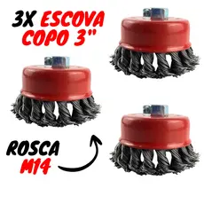 Kit 3 Escova De Aço Copo 3'' Trançada Rosca M14 Industrial