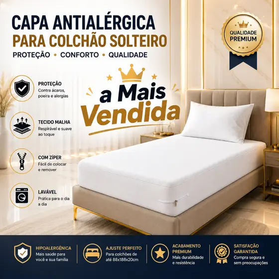 Capa  Colchão Solteiro Antialérgico Malha Grossa Com Zíper