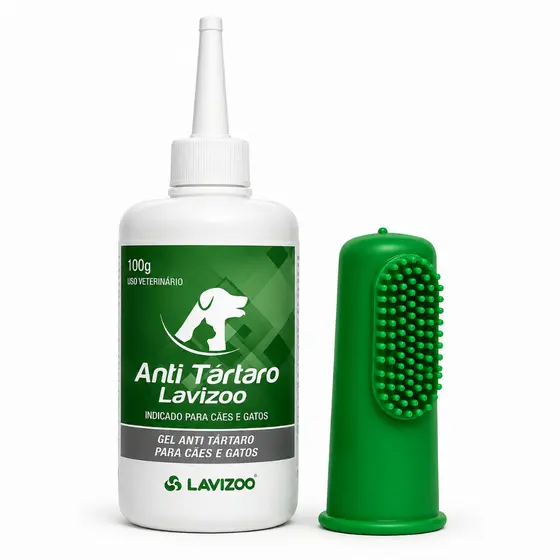 Gel Anti Tártaro Lavizoo Cães e Gatos + Dedeira Silicone Escova Dental Anti Mau Hálito