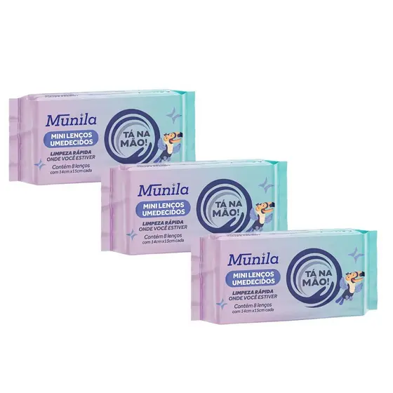 Kit 3 Pacotes Lenço Umedecido De Bolso Sem Álcool Tá Na Mão Viagem com 8 folhas cada.