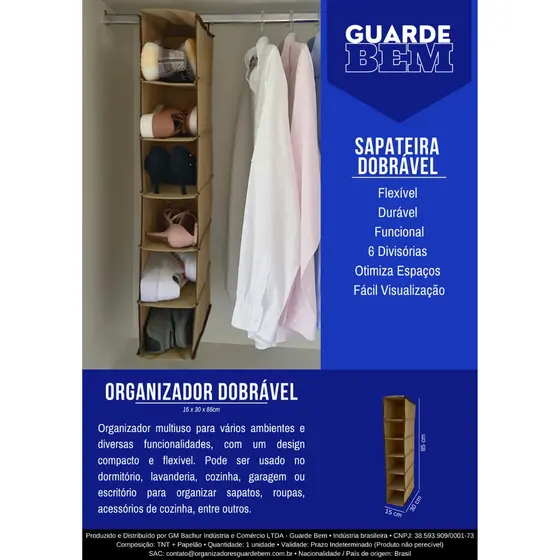 Organizador Vertical Multiuso Sapateira Dobrável Cabideiro para Roupa Closet Armário 6 Divisórias Grande TNT