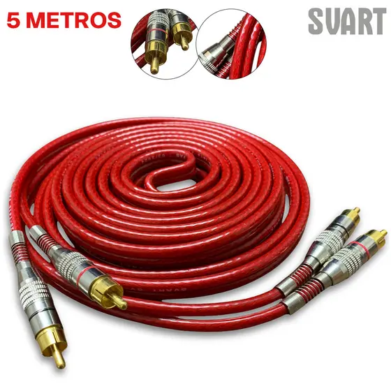 Cabo RCA Blindado 5 Metros 5mm Vermelho Dupla Blindagem Cobre Alumínio Techone Svart Som Automotivo
