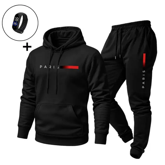 Moletom Paris Unissex com Capuz Calça de Moletom Conjunto Completo  Relógio Digital