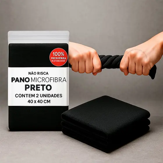 Kit Pano Microfibra Preto 40x40 Multiuso Automotivo Grande Para Limpeza Alta Absorção Não Arranha