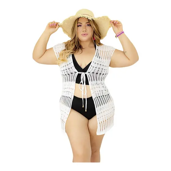 Saida Praia Plus Size Regata Curta Aberta Tricot Kimono