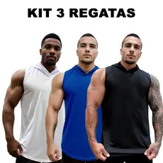 Kit 3 Regatas Branco + Azul Royal + Cores Dry Masculina Long com Capuz Básica Lisa Sem Estampa