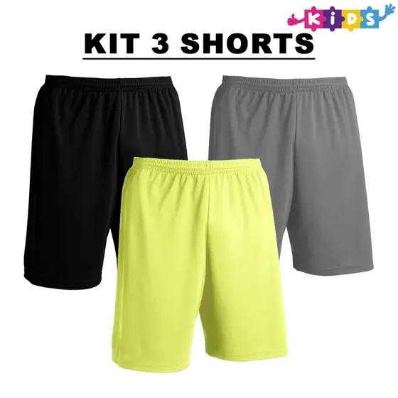 Kit com 3 Bermudas Preto + Metal + Cores Infantil Shorts Calção Dry Poliéster - Liso