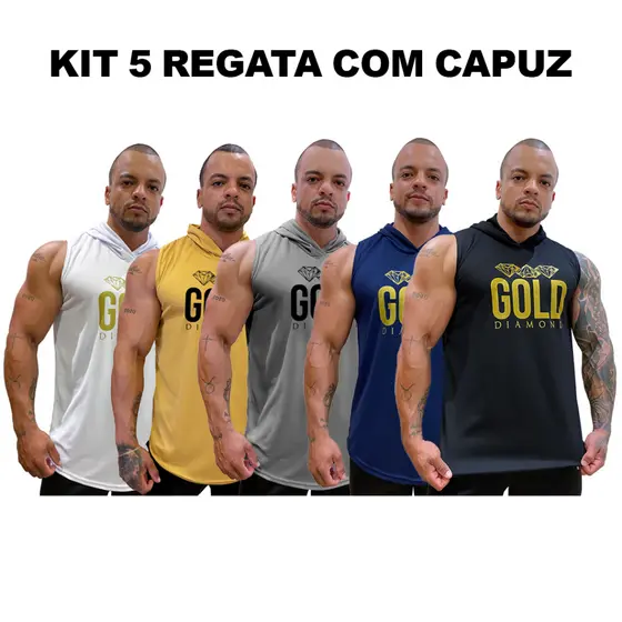Kit com 5 Regatas Masculina Longline em Dry com Capuz - Gold Diamond