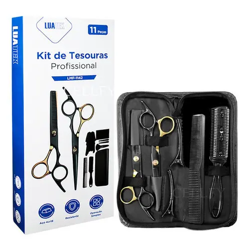 Kit Barbeiro Tesoura Profissional p/Cortar Cabelo barba Pente 11 PECAS