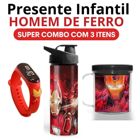 Homem de Ferro - Garrafa Copo e Relógio Digital Infantil - Presente Aniversário com Nome da Criança