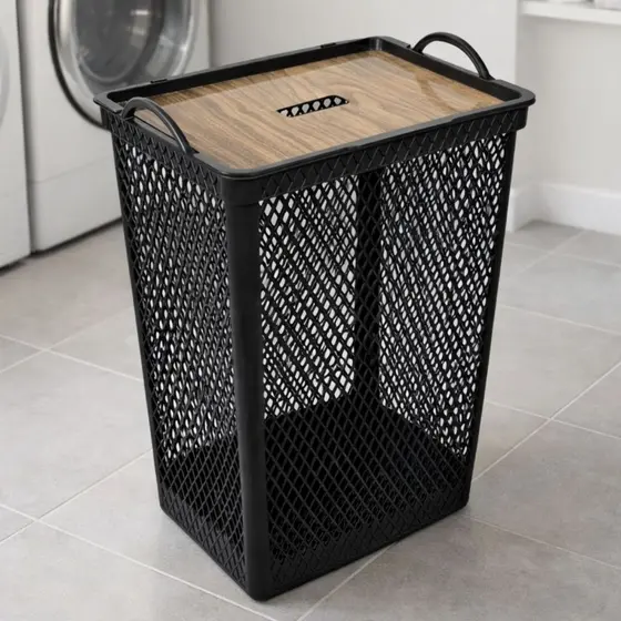 Cesto De Roupa Suja Com Tampa Grande 49L Preto Telado P/ Banheiro Lavanderia De Canto Organizador Multiuso - Plástico