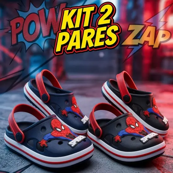 Kit 2 Pares Babuche Sandália Fachetado Infantil Menino Aranha Leve Macio e Antiderrapante