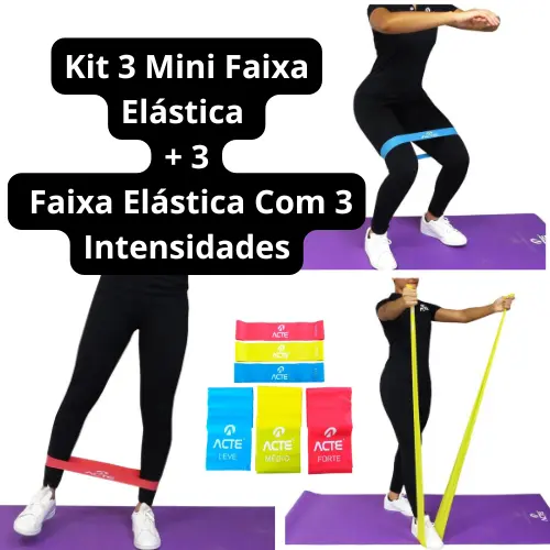 Kit 3 Mini Faixa Elástica + 3 Faixa Elástica Com 3 Intensidades: ajustando a intensidade conforme seu ritmo e evolução