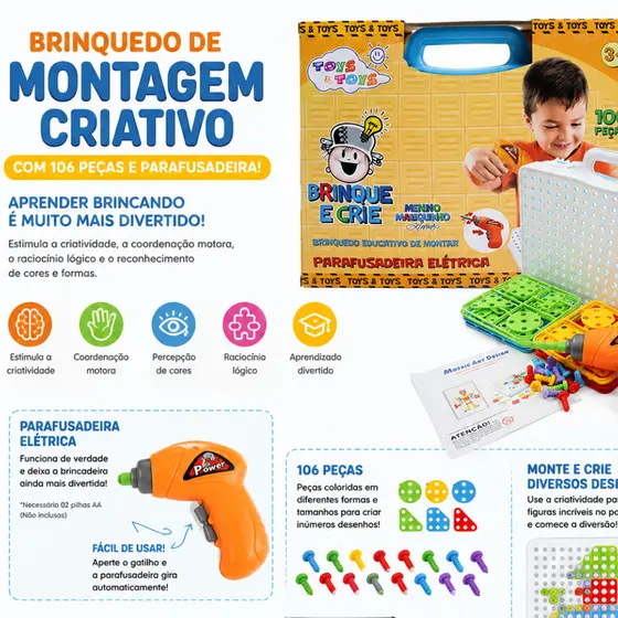 Brinquedo de Montagem Criativo com 106 Peças e Parafusadeira, estimule a imaginação e Criatividade