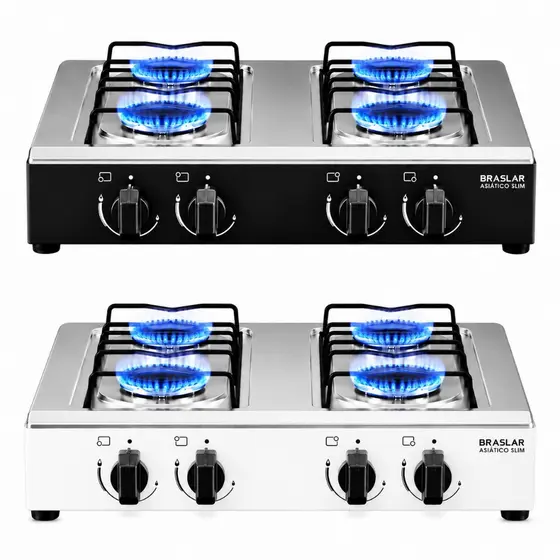 Fogão Cooktop de Mesa Portátil 4 Bocas a Gás Asiático Braslar Inox Preto ou Branco