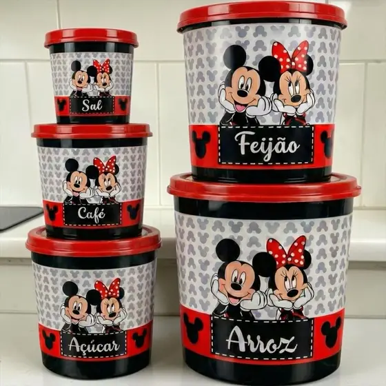 Kit Organização Cozinha Mickey e Minnie 5 Potes Preto