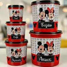 Kit 5 Potes Mantimentos Mickey e Minnie Vermelho Cozinha