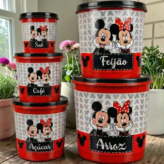 Jogo de Potes Porta Mantimentos 5 Peças Mickey Vermelho