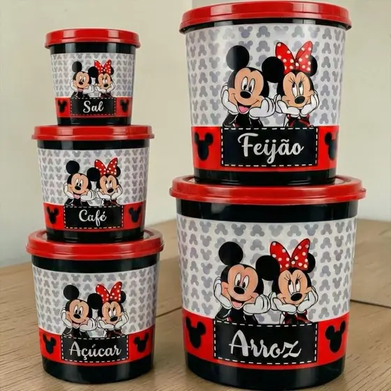 Kit 5 Potes Mantimentos Mickey e Minnie Preto Cozinha