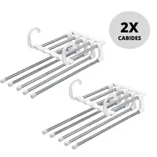 Kit 2 Cabide Multifuncional de Calças Organizador Guarda Roupa Portátil Inox 5 em 1 Multiuso Otimiza