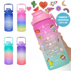 Garrafa Água 2L Adesivo 3D 2D  Degradê Colorido Fofo Frase Motivacional Alça Suporte Celular Squeeze