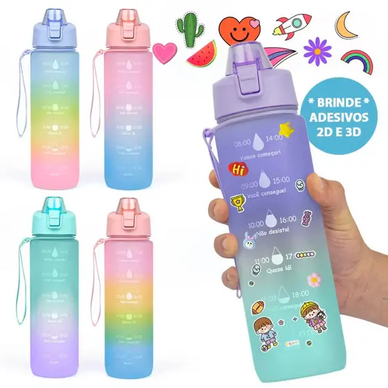 Garrafa Água 2L/1L 750ml Degradê Adesivo Fofo 3D 2D Colorido Frase Motivacional Alça Suporte Celular