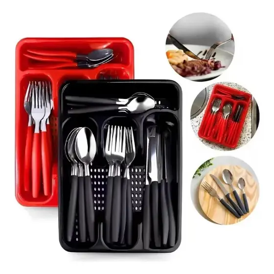Jogo de Talheres 17 Peças com Organizador Porta Talheres Cozinha Completo Aço Inox