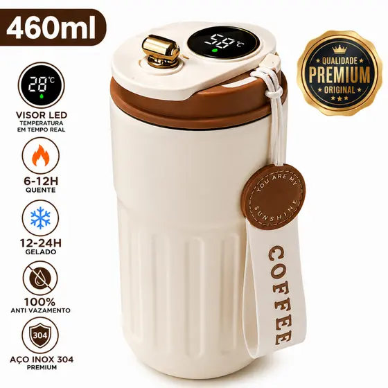 Copo Térmico Inteligente 460ml Visor Digital LED Temperatura Inox 304 Antivazamento Café Cerveja