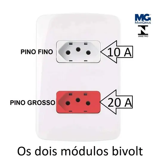 Tomada Dupla 10a branca + 20a vermelha 4x2 2x4 Bivolt até 250v Margirius Linha B3