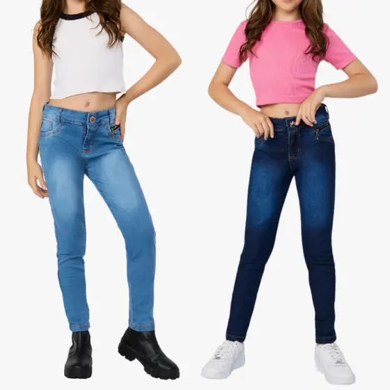 Kit 2 Calças Jeans Feminina Infantil Skinny Juvenil Menina Cores Estilo Escola Passeio Criança 10-16