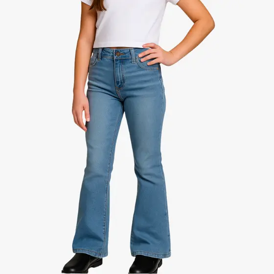 Calça Flare Jeans Feminina Infantil Menina Bolso Cores Moda Estilo Criança Juvenil Premium 8 ao 16