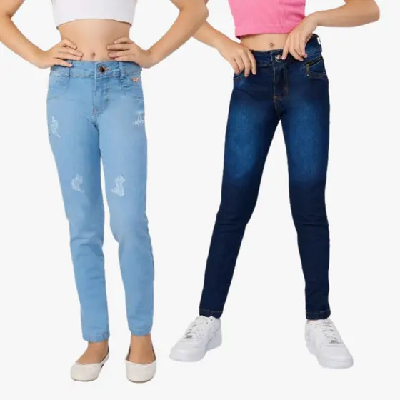Kit 2 Calça Jeans Feminina Infantil Skinny Juvenil Menina Cores Estilo Ferias Passeio Criança 10-16