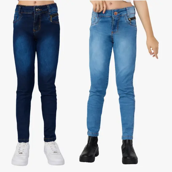 Kit Combo 2 Calça Jeans Feminina Infantil Juvenil Skinny Menina Justa Elastano Moderna 10 ao 16