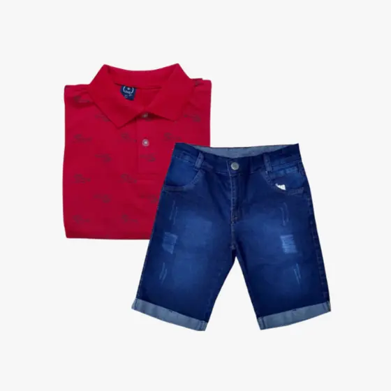 Conjunto Camiseta Short Bermuda Jeans Masculino Infantil Menino Camisa Juvenil Passeio Cores 10 - 16