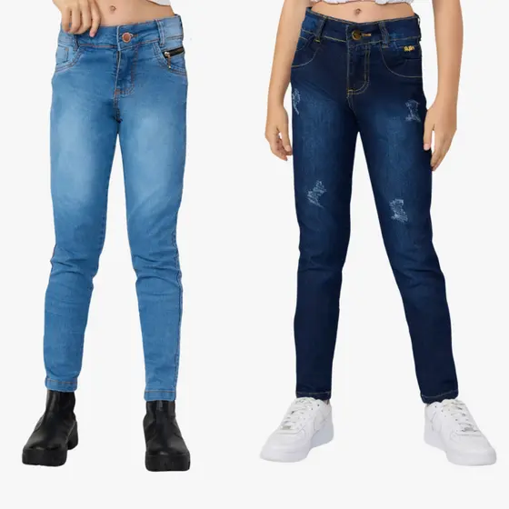 Kit 2 Calças Jeans Feminina Infantil Skin Juvenil Menina Cores Estilo Escola Passeio Criança 10-16