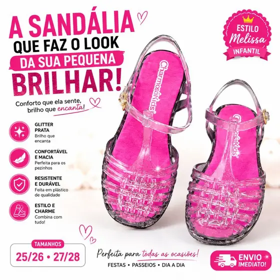 Sandália Infantil Menina Glitter Transparente Estilo Melissa Verão 25/26 27/28