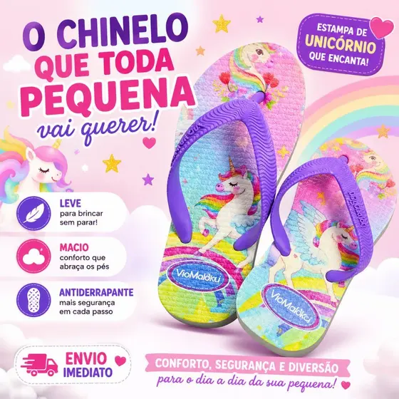 Chinelo Infantil Menina Unicórnio Antiderrapante Leve Macio Confortável Não Escorrega