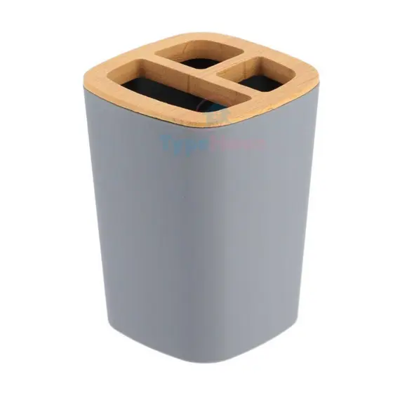Porta Escova de Dente Cinza Detalhes em Bambu e Plastico Suporte Banheiro Pia Lavabo Pasta Dental