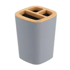 Porta Escova de Dente Cinza Detalhes em Bambu e Plastico Suporte Banheiro Pia Lavabo Pasta Dental