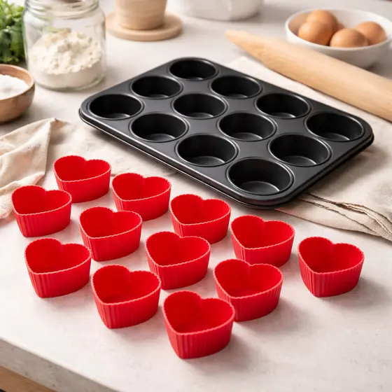 Forma Cupcake Antiaderente + 12 Forminhas Silicone Kit Assadeira Teflon Grande Pão de Queijo Muffin Petit Gateou