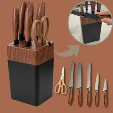 Jogo de Facas 7 Peças Aço Inox com Cepo e Tesoura Cozinha Kit Completo Faqueiro Bancada Gourmet