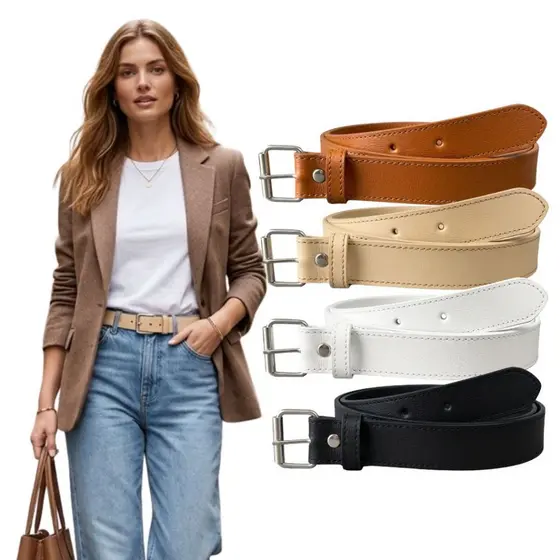 KIT 4 Cintos Femininos Larg 3cm Fivela Basica Prata Rolete Social Casual Ousado Couro PU Moda Alfaiataria - Leila