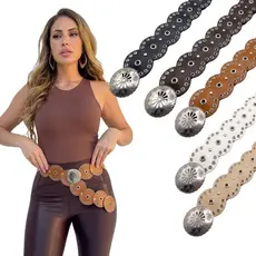 Cinto Largo Redondo Cinto Boho Feminino Vintage Prata Couro PU Oco Ocidental Cowboy Cinto Country Lançamento - Mandala