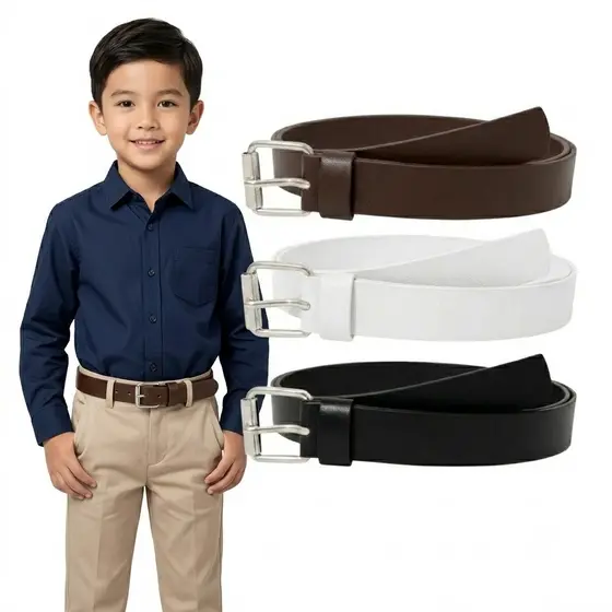 KIT 3 Cintos Infantil Masculino Moda Kids Estilo Social Casual Couro Sintético Fivela Prata Rolete 2cm largura - Mateus